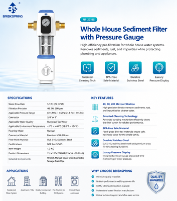 Whole House Sediment Water Pre Filter with 40 Micron SUS316L Stainless Steel Mesh and 5 T/H Flow Rate