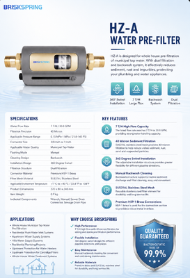 BriskSpring HZ-A 7 T/H 40 Micron Πρωτό φίλτρο ιζημάτων ολόκληρου του σπιτιού με εγκατάσταση 360 μοιρών