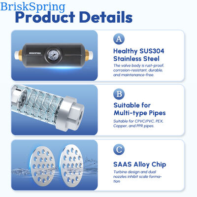 Salt Free Whole House Water Descaler with Integrated Pressure Gauge Physical Scale Inhibitor for Inline Plumbing